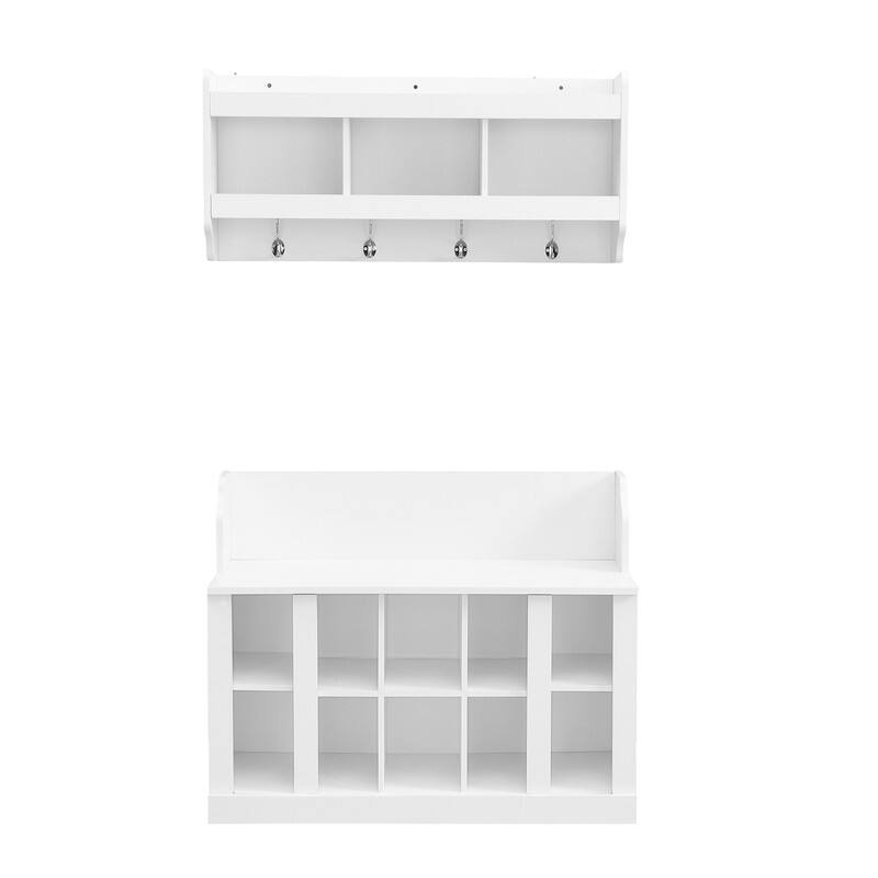 Entryway Wood Storage Bench with Shoe Storage,Wall Mounted Hall Tree with Coat Rack and Shelves