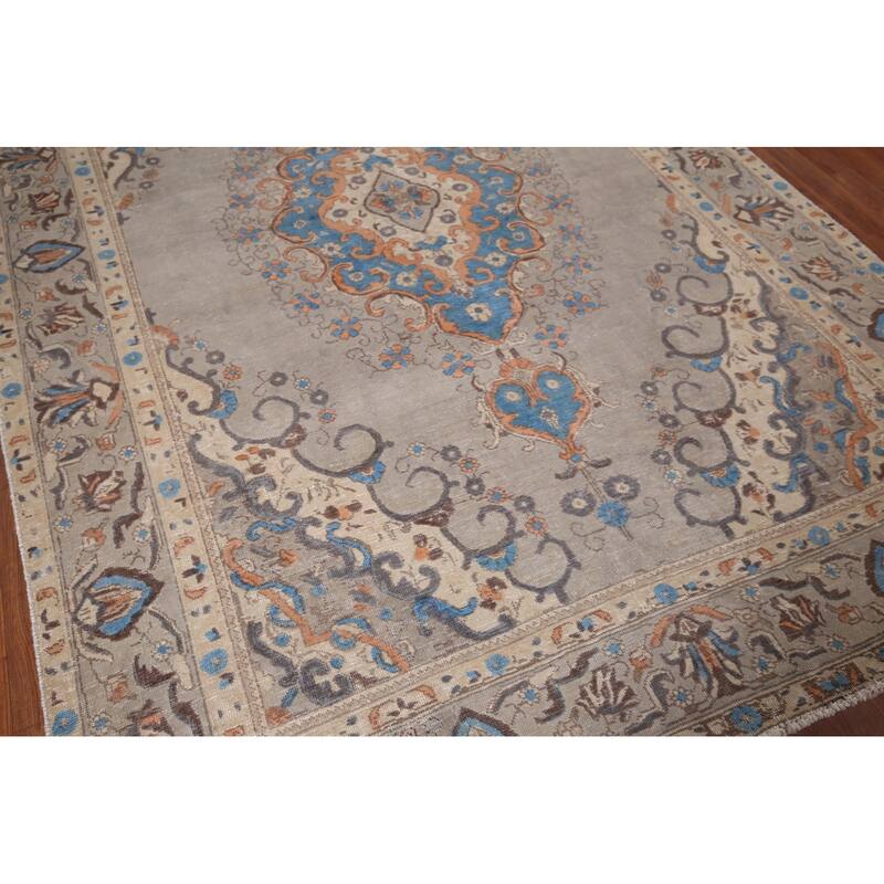 Distressed Tabriz Vintage Persian Rug Hand-Knotted Grey Wool Carpet - 6'6" x 9'7"