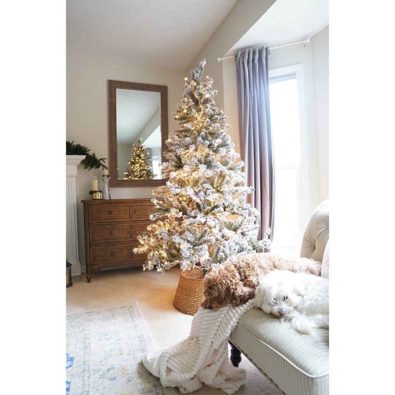 7' Pre-Lit Flocked Balsam Pine Artificial Christmas Tree Clear Lights - 7 Foot