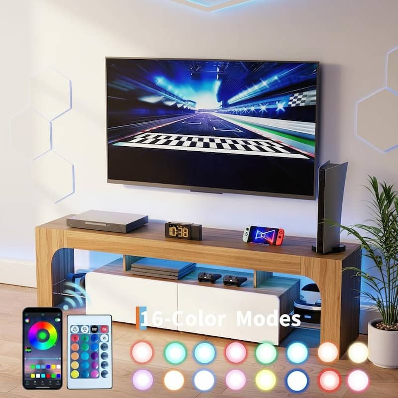 TV Stand with LED Lights, with 2 Drawer & Open Shelf