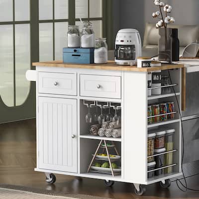 White Kitchen Island with Power Outlet, Drop Leaf, Wine Cup Holder, Adjustable Storage, and 5 Wheels for Home and Dining Room