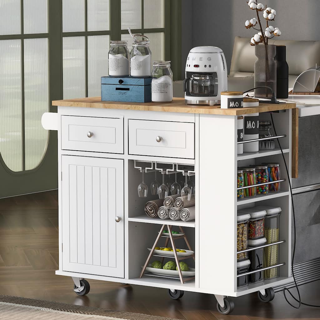 White Kitchen Island with Power Outlet, Drop Leaf, Wine Cup Holder, Adjustable Storage, and 5 Wheels for Home and Dining Room