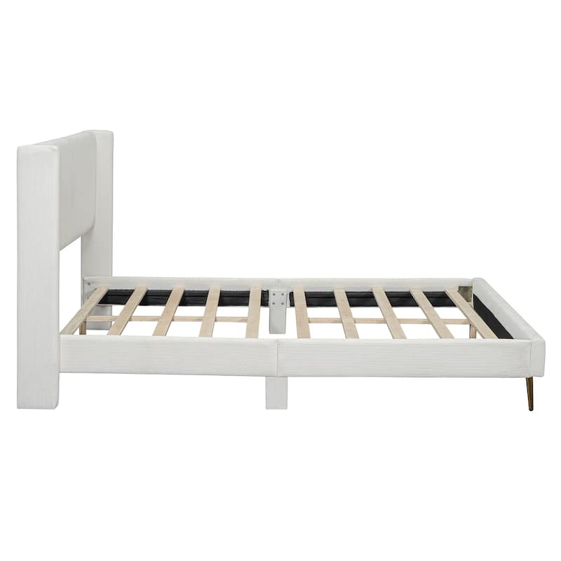 Queen Size Corduroy Platform Bed with Metal Legs and Wood Frame