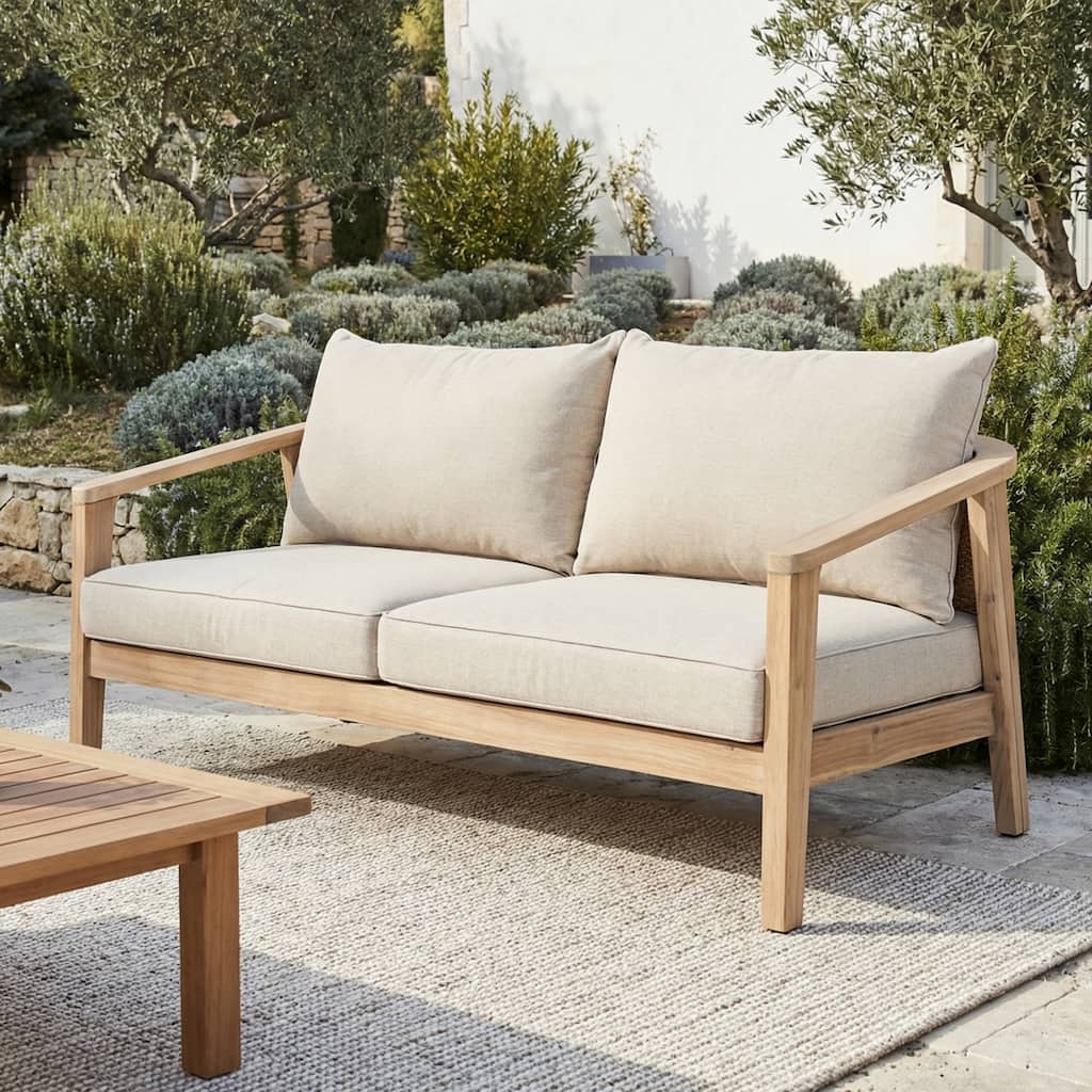 Christopher Knight Home - Outdoor Acacia Wood and Wicker 2-Seater Patio Sofa Loveseat with Cushions