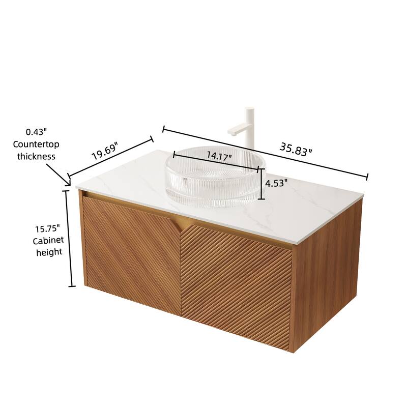 30"/36"/48" Floating Bathroom Vanity with Vessel Sink, Wall Mounted Sintered Stone Countertop Bathroom Storage Cabinet