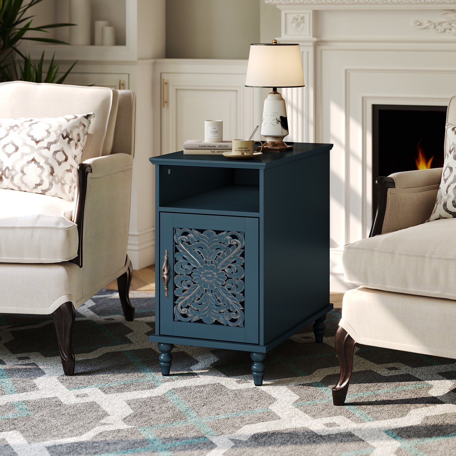 Retro Nightstand with Charging Station & Hand-Carved Door - On