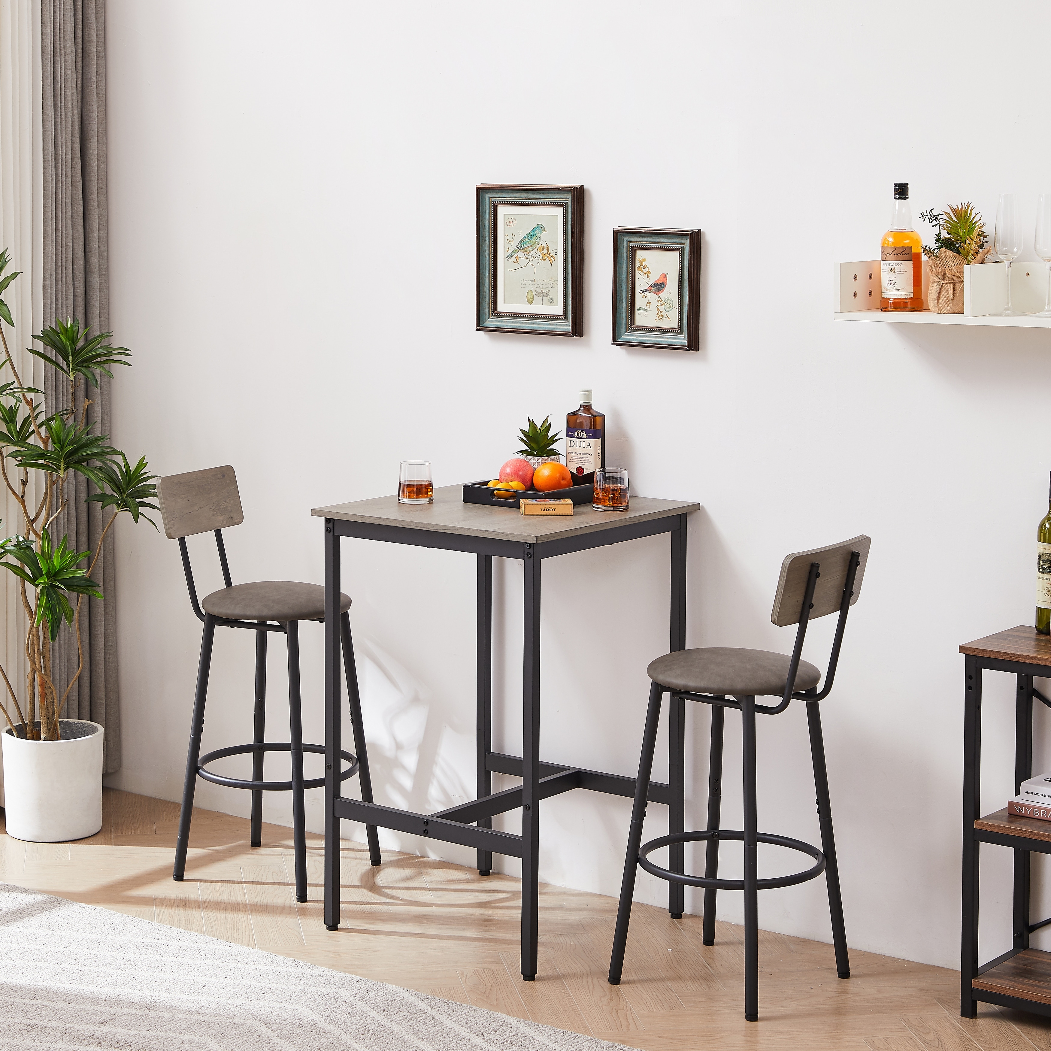 3 Pcs Dining Bar Set for 2 Square Dining Table 2 Bar Stools PU