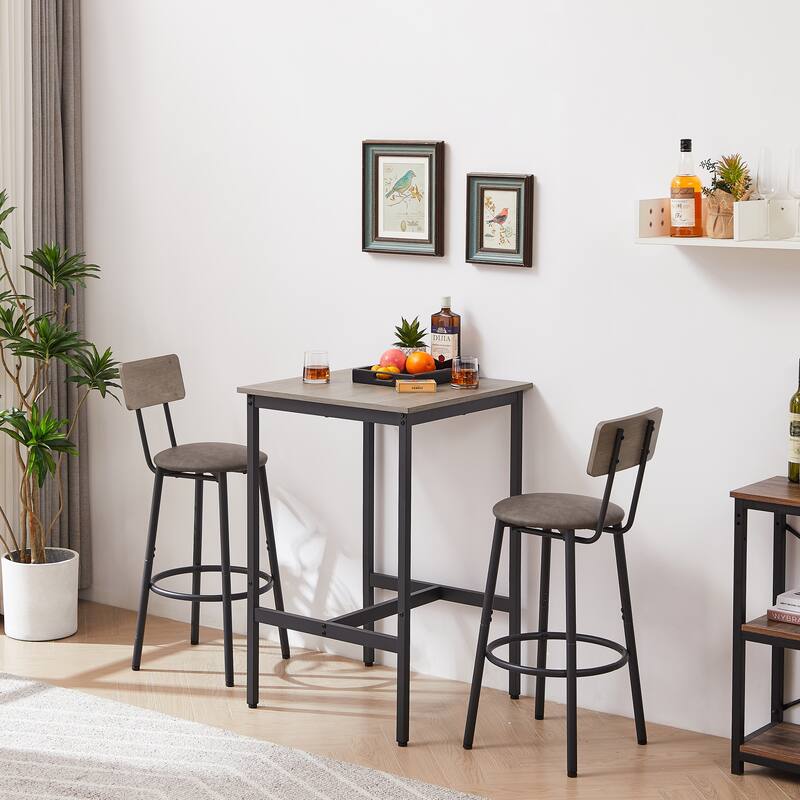 Minimalist Style 3-Piece Dining Table Set with 2 Bar Stools with Backrest,Grey