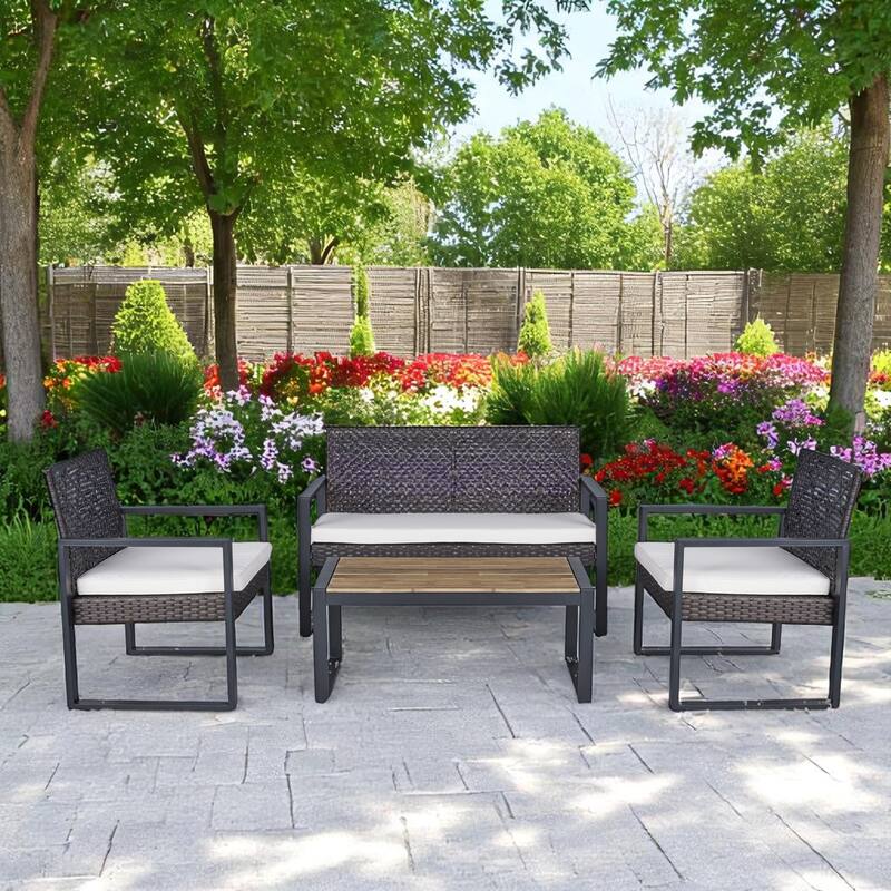 4-Piece Outdoor Patio Furniture Set with Rattan - Includes Double Chair, 2 Single Chairs, Coffee Table,Garden Conversation Set