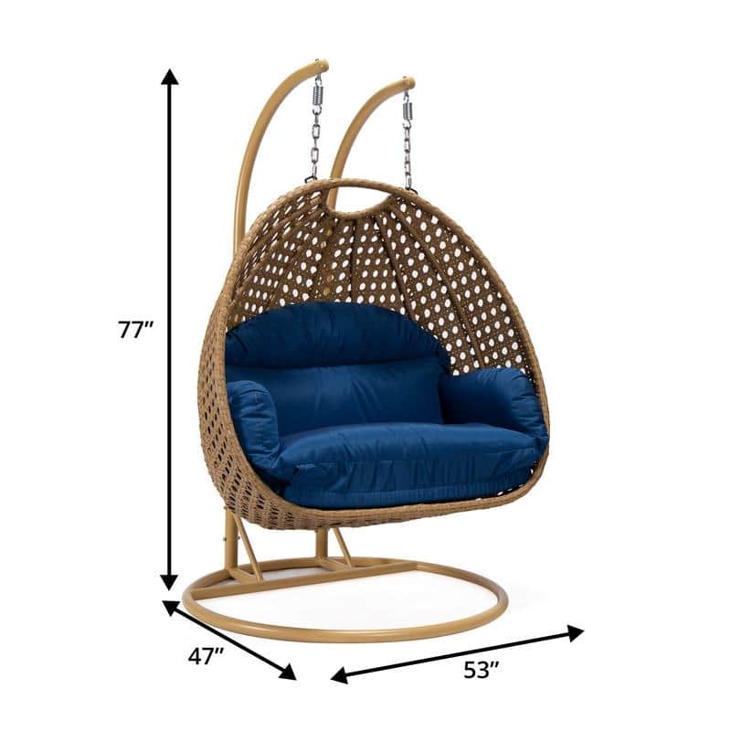 LeisureMod Mendoza 2-Person Hanging Egg Swing Chair - Handcrafted Light Brown Wicker, Patio Hammock Lounger with Cushions - 53"