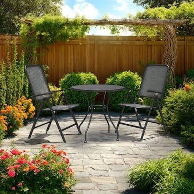 Ian 3 Piece Patio Breakfast Table, 2 Chairs Foldable Set, Black Metal