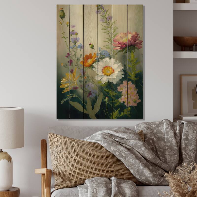 Designart 'Painted Blossoming Wildflowers VI' Floral Bouquet Wood Wall Art - Natural Pine Wood