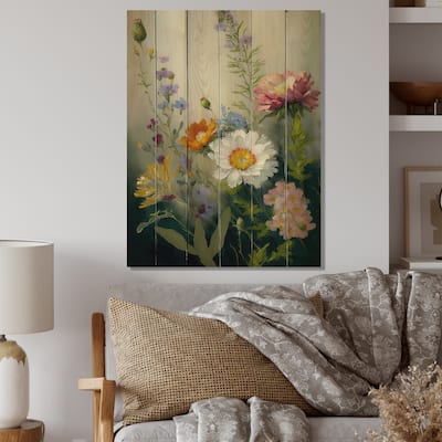 Designart 'Painted Blossoming Wildflowers VI' Floral Bouquet Wood Wall Art - Natural Pine Wood