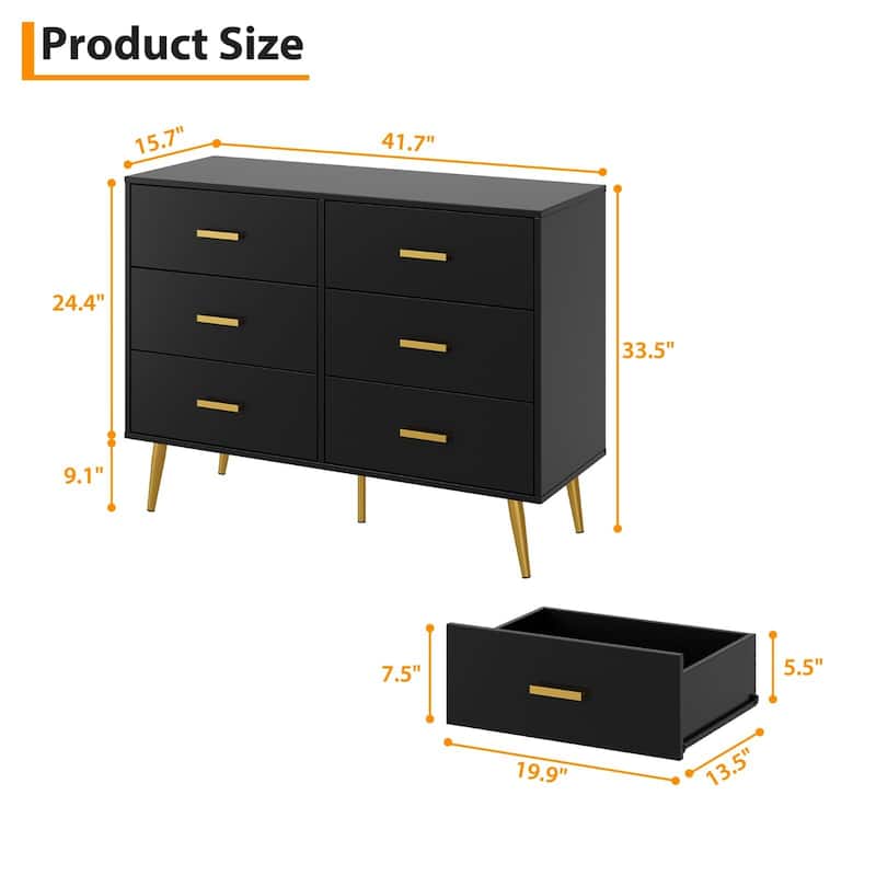Modern 6 Drawer Dresser in White and Black, Featuring Gold Handles, Wide Wooden Drawers for Bedroom