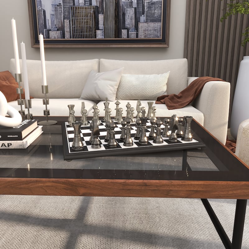 Aluminum Metal Chess Game Set with Black and Silver Pieces - Silver - Roche River Decor