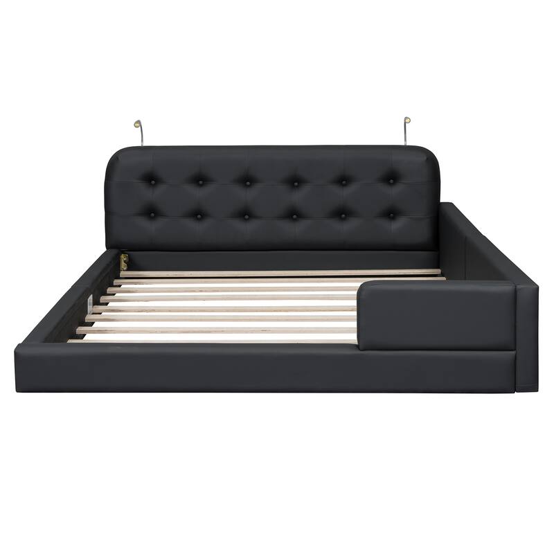 Queen Size Upholstered Platform Bed Frame with 2 Reading Lights, PU Floor Bed with Button Tufted Headbord