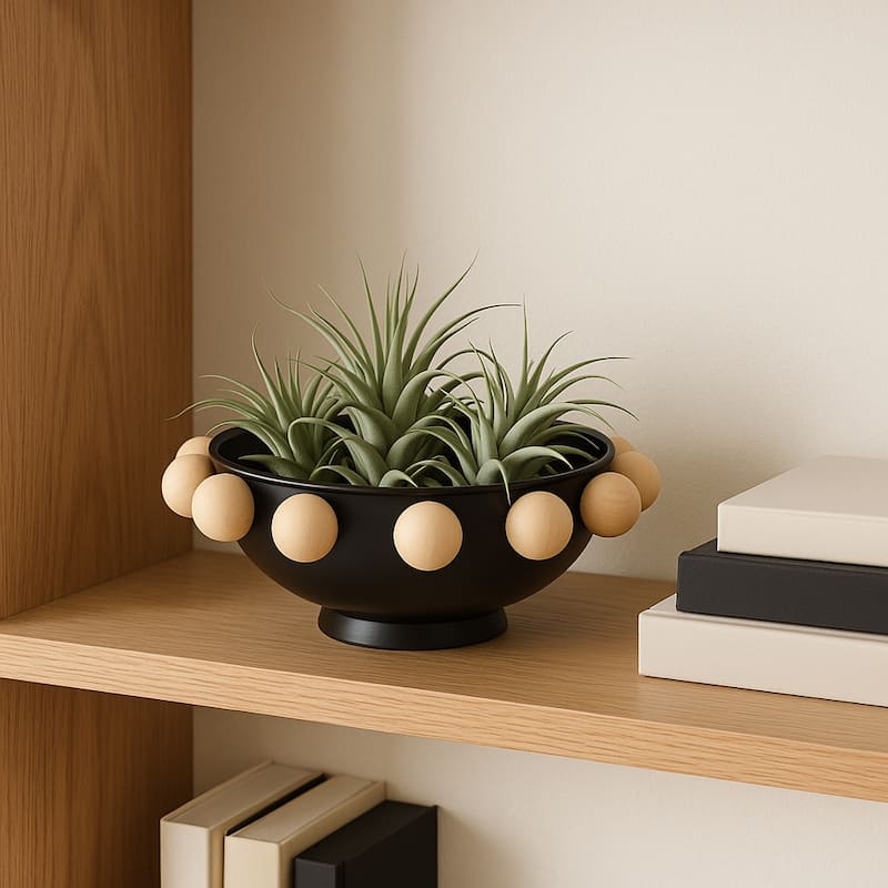 Wood and Metal Decorative Bowl with Fir Sphere Accents - 13" - 13.0"