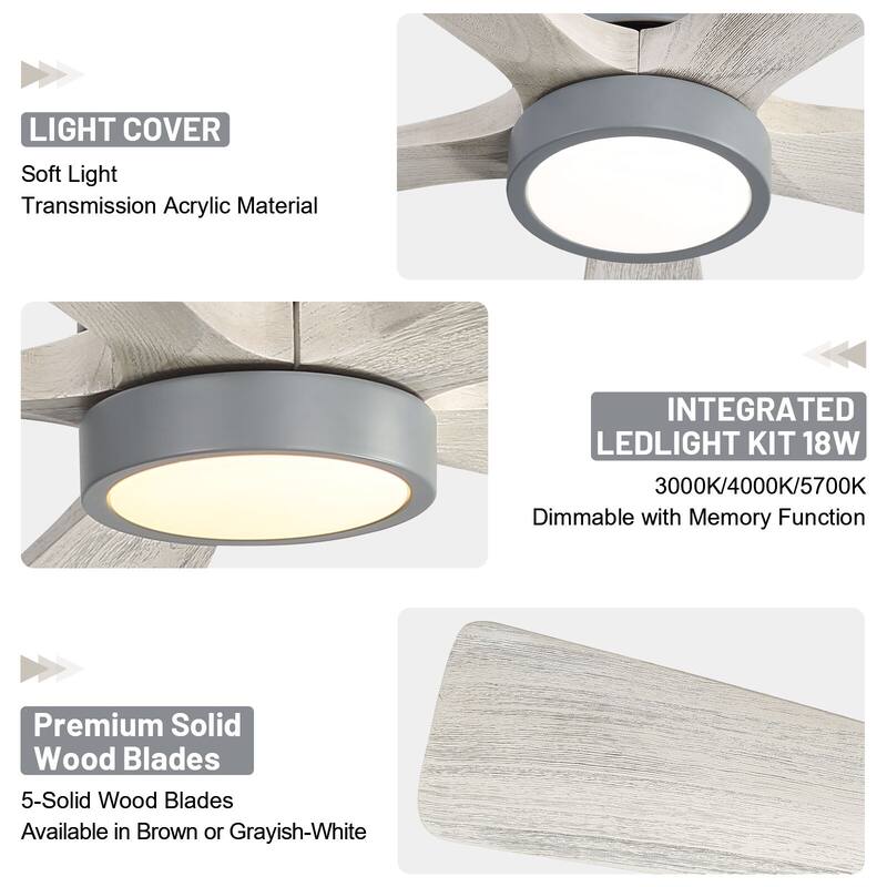 52" Solid Wood Noiseless Ceiling Fans with Dimmable LED Light Optional and Remote, 6-Speed Reversible DC Motor,Smart Optional