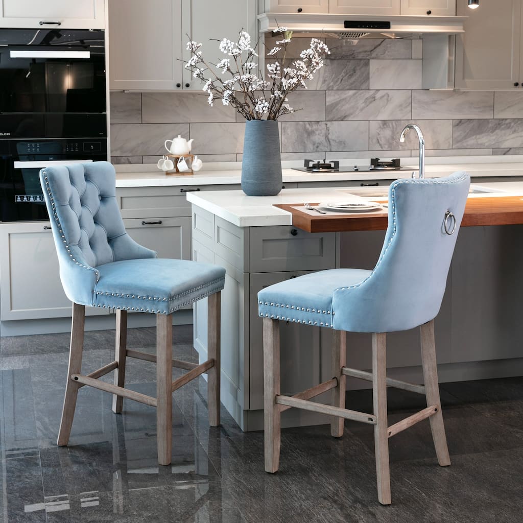 Set of 2 Contemporary Velvet Bar Stools with Button Tufting, Wood Legs & Chrome Nailhead Trim - Light Blue