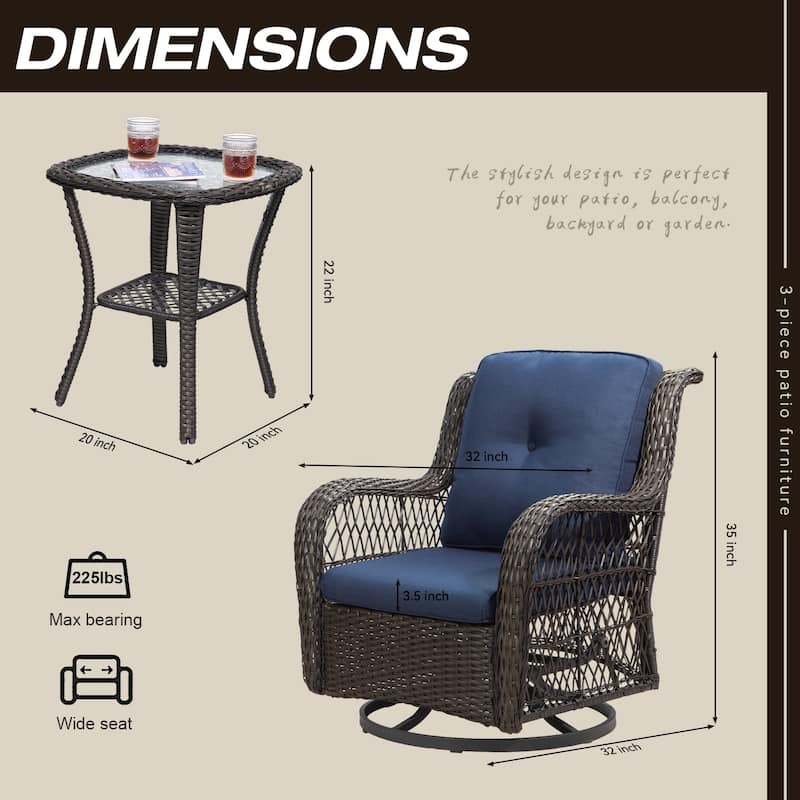 3-Piece Outdoor Brown Wicker Swivel Rocking Chairs Set