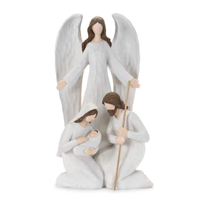16" Tall White and Brown Polyresin Holy Family Nativity Scene with Angel Statue for Christmas Decor - 9.25”L x 6.5”W x 16”H