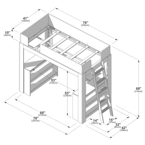 Max & Lily Mid-century Modern Twin Loft Bed with Wraparound Desk