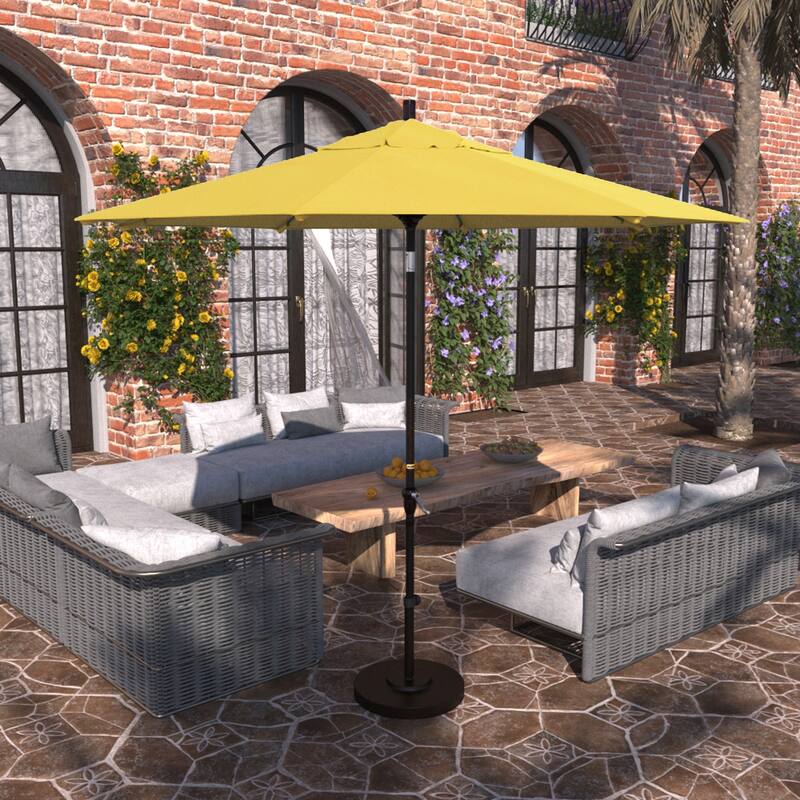 California Umbrella 9' Sunset Series Patio Umbrella Bronze Aluminum Frame and Ribs, Crank Lift Auto Tilt, Olefin Royal Blue - Lemon