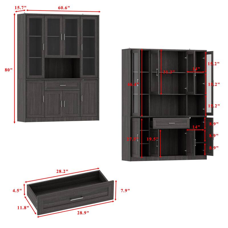 Modular Glass Door Bookcase Wall Unit with Storage Cabinets and Drawers, Dark Oak Display Hutch for Living Room or Home Office