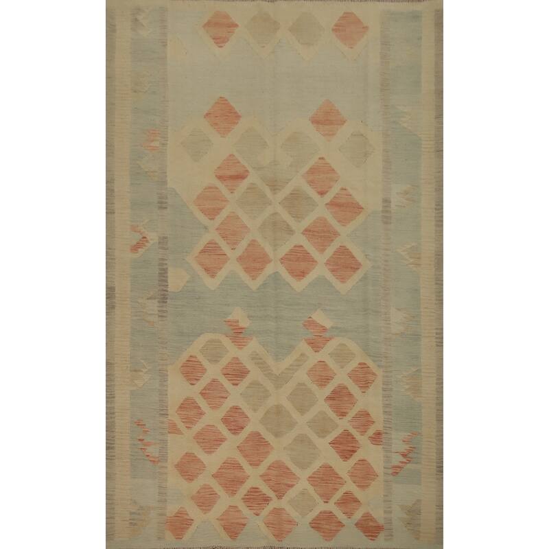 Hand Woven Oriental 100% Wool Carpet Southwestern Tribal Beige & Ivories Kilim Area Rug - 9' 7'' X 6' 10''