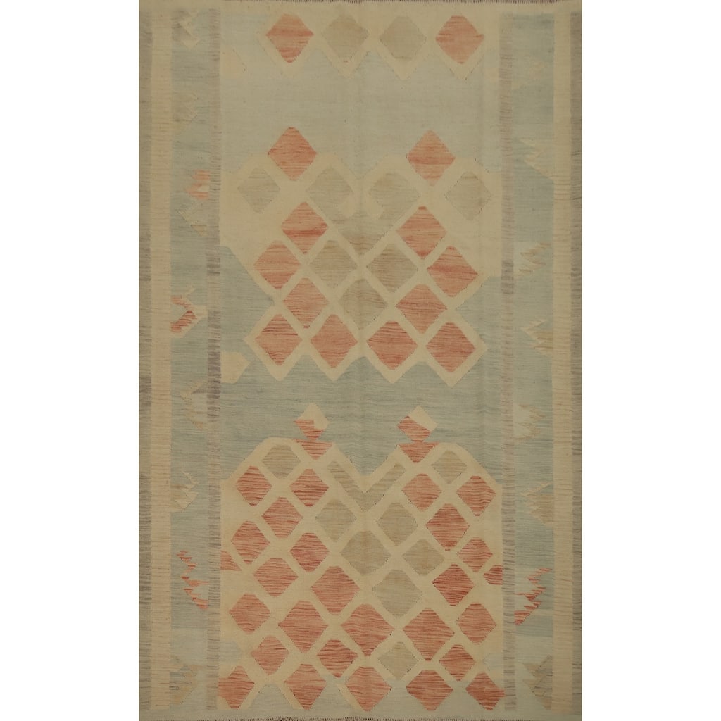 Hand Woven Oriental 100% Wool Carpet Southwestern Tribal Beige & Ivories Kilim Area Rug - 9' 7'' X 6' 10''