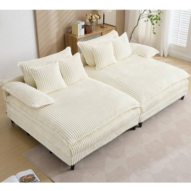 Oversized Corduroy Chaise Lounge Chair, Adjustable 4-Gear Reclining Sleeper Sofa Bed, Living Room Deep Seat Leisure Sofa Chair - Beige - 2 Piece