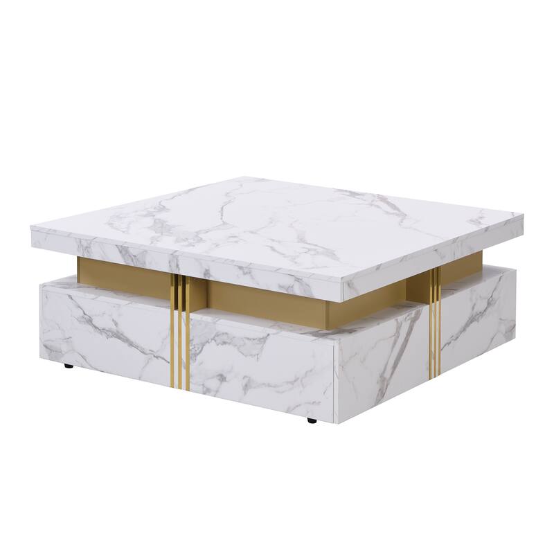 Square Coffee Table Gold Trim End Table with Storage Drawers for Lounge