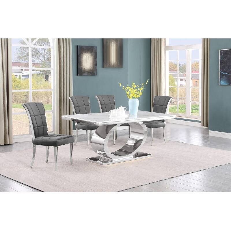 Best Quality Furniture D430/1-SC320-7 Dining Set with 68" White Marble Top - 5-Piece - Dark Grey / Silver