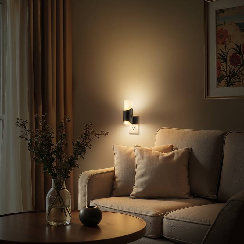 YANSUN Set of 2 Plug-in Dusk-to-Dawn Night Lights, Black Wall Lamp with Frosted Shades, 3000K Warm Light, Sliding Dimmer