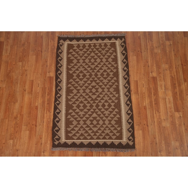 Geometric Kilim Oriental Area Rug Flat-weave Wool Carpet - 3'2" x 4'10"