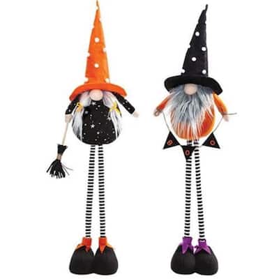 Standing Halloween Plush Gnome Figurines with Tall Striped Legs and Pointed Hat 2 Asstd. - Black, Orange, Grey - H- 37.50 in.