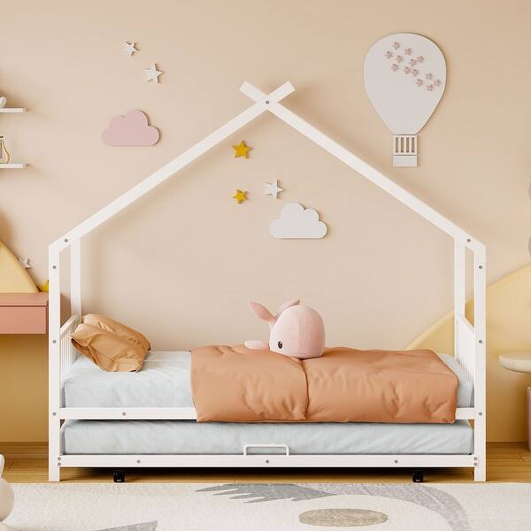 slide 2 of 25, Twin Size Metal House Bed with Twin Size Trundle White
