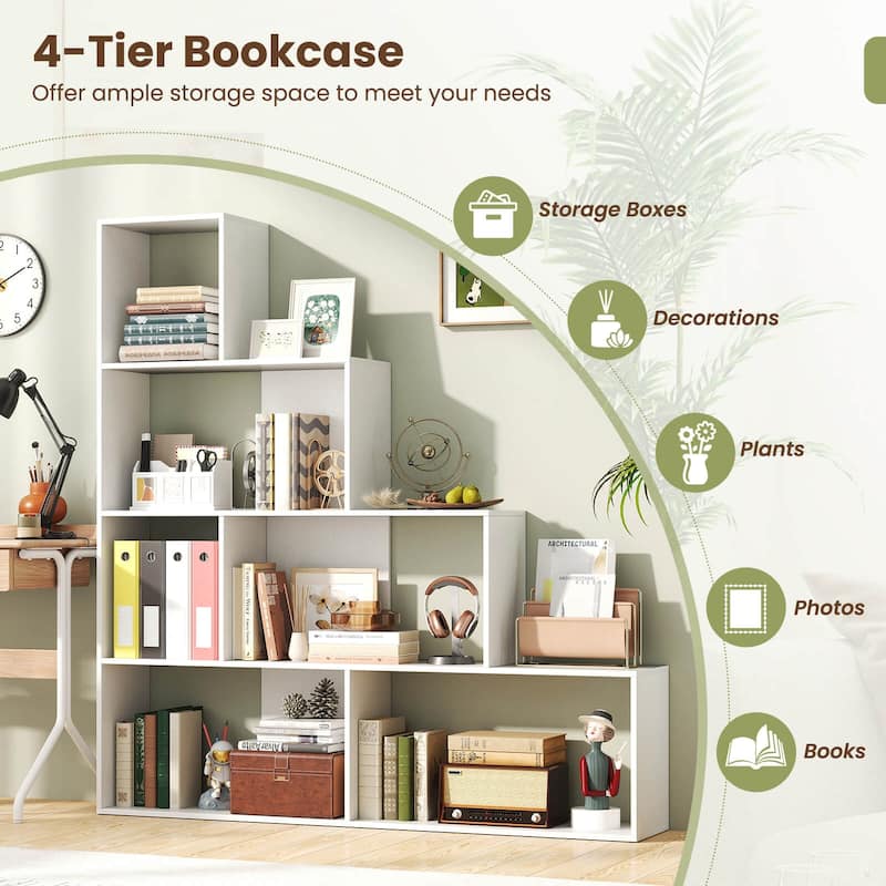 Costway 1/2 PCS 4-Tier Bookshelf with 6 Storage Cubes 64" Tall Modern - White