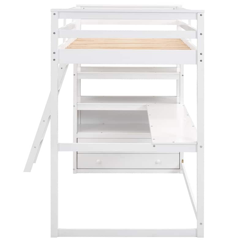 Merax Wood Loft Bed with Desk, Shelves and Drawers