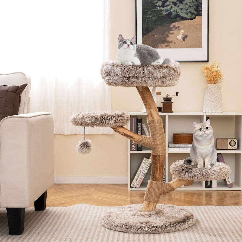 4-Level Cat Tower with Cozy Plush Perches and Natural Wood Base Jute Scratching Posts for Cats