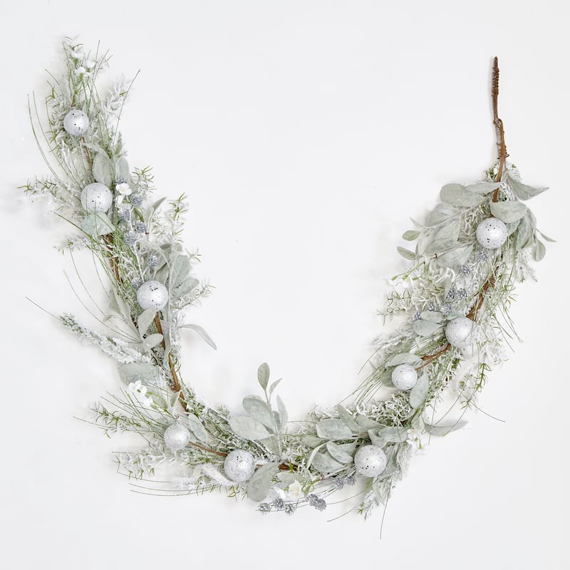 60" White Artificial Christmas Glittered Balls and Leaves Garland - Multicolor - 60