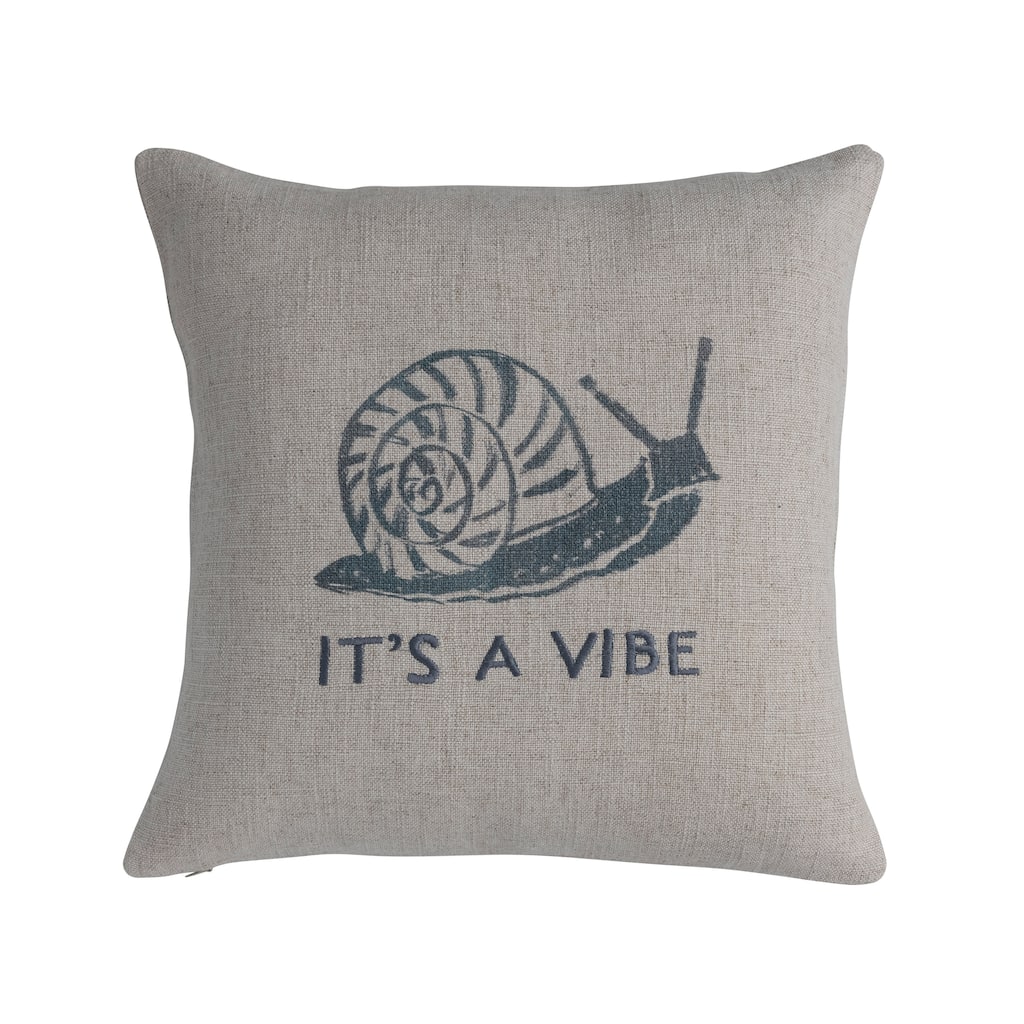 16" Linen Blend Pillow with Snail and "It's a Vibe" Embroidery - 16.0"L x 16.0"W x 0.3"H