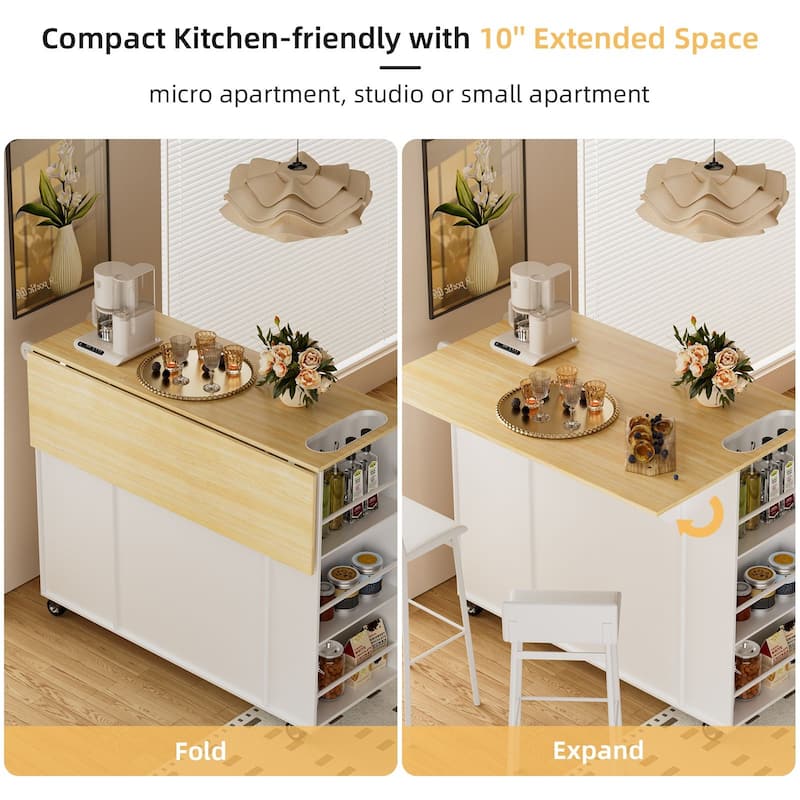 43" Kitchen Island Cart with Drop-Leaf Countertop, Rolling Storage Cabinet on Wheels for Small Kitchens