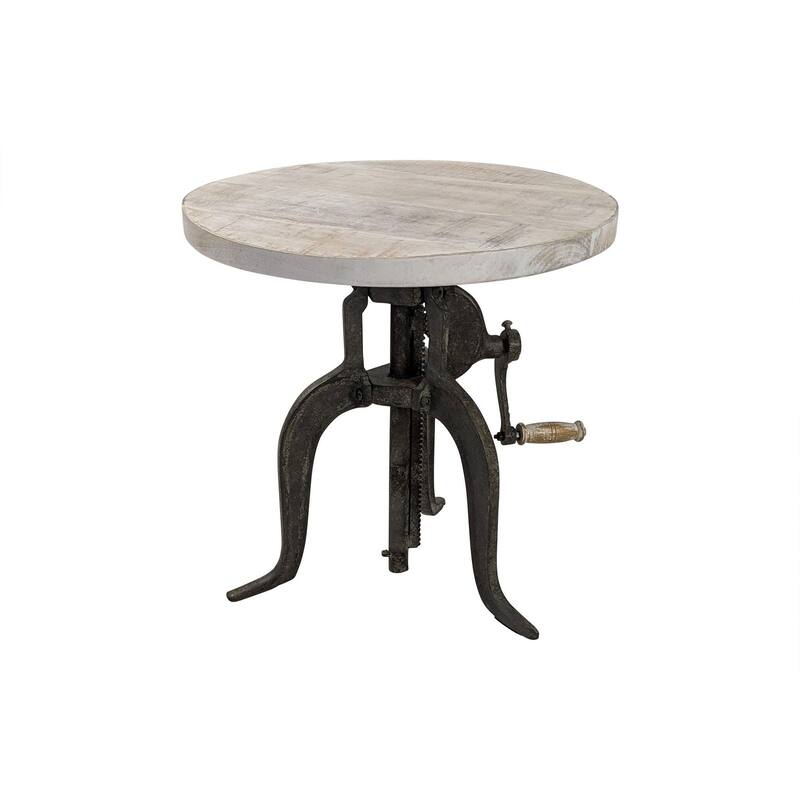 HomeRoots 19" Natural and Gunmetal Solid Wood and Iron Height Adjustable Round End Table - 18.00 in. x 19.00 in. x 18.00 in.