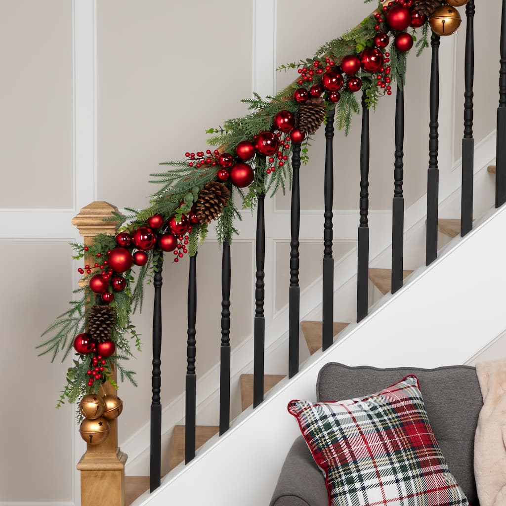 Mixed Foliage with Jingle Bells and Ornaments Artificial Christmas Garland - 6' x 8" - Unlit