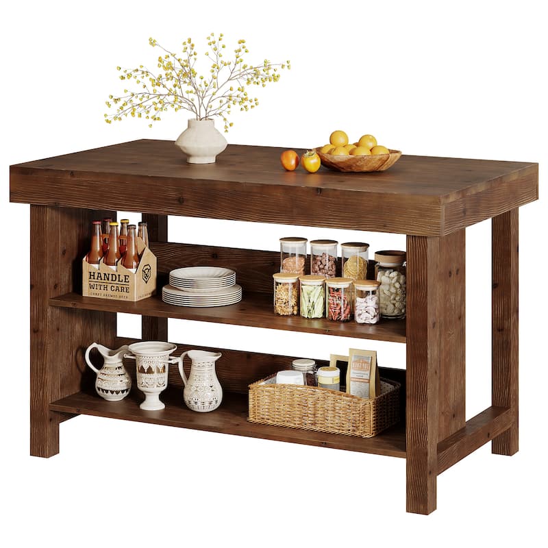 Solid Wood Kitchen Island, Open Storage Counter Height Table, Kitchen Dining/Living Room Coffee Bar Accent Island