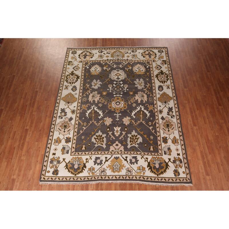 Dark Gray & Ivory Oushak Oriental Area Rug Hand-Knotted Wool Carpet - 9'2" x 11'7"