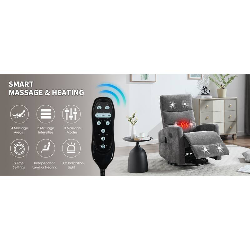 Roomfitters Manual Rocker Swivel Recliner Chair with Heat and Massage Fabric Glider Lounge Sofa for Living Room