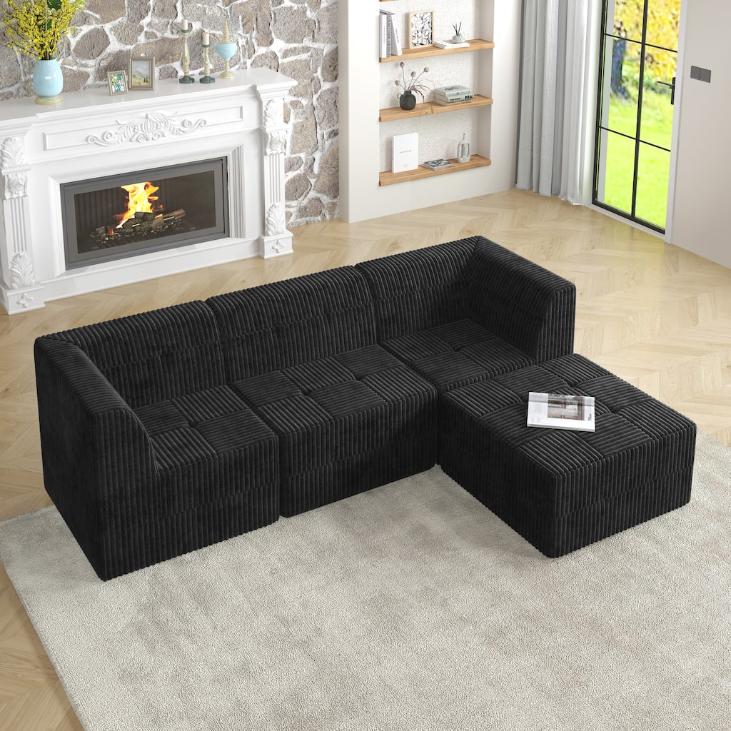 L Shaped Modular Sectional Sofa with Ottoman, Corduroy Upholstered Sleeper Sofa, Full Compressed Deep Seat Sofa