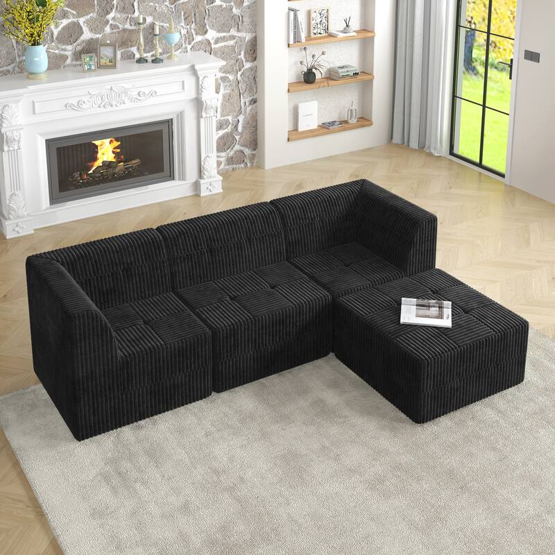 L Shaped Modular Sectional Sofa with Ottoman, Corduroy Upholstered Sleeper Sofa, Full Compressed Deep Seat Sofa - Black